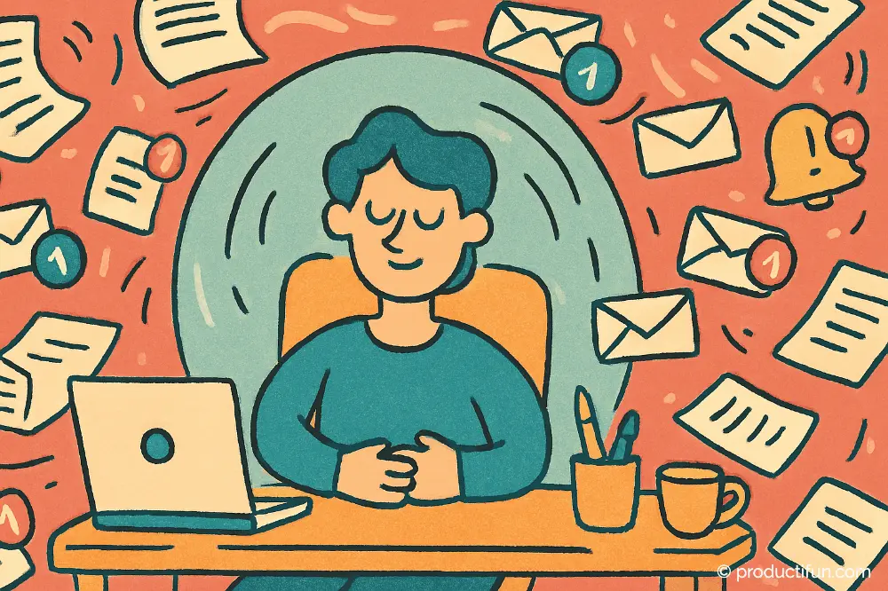 Employé calme respirant profondément au bureau malgré les notifications et le stress.
