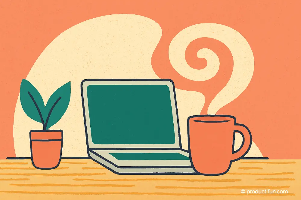 respiration-4-7-8-technique-anti-stress-travail Illustration calme d’un bureau avec ordinateur portable, tasse de café et plante, symbole de la respiration 4-7-8 et du bien-être au travail.