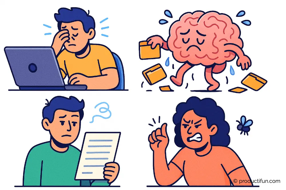 Illustration montrant différents signes de fatigue mentale : manque d’énergie, surcharge cognitive, difficultés de concentration et irritabilité.
