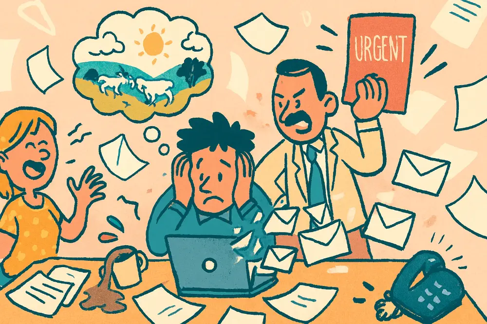 Employé stressé au bureau entouré de papiers, d’emails, d'une collègue bavarde et d’un manager pressant.