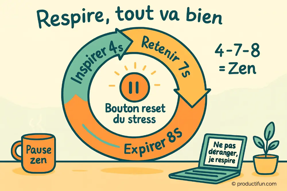 Schéma illustré de la respiration 4-7-8 pour réduire le stress au travail, avec les étapes inspirer, retenir, expirer.