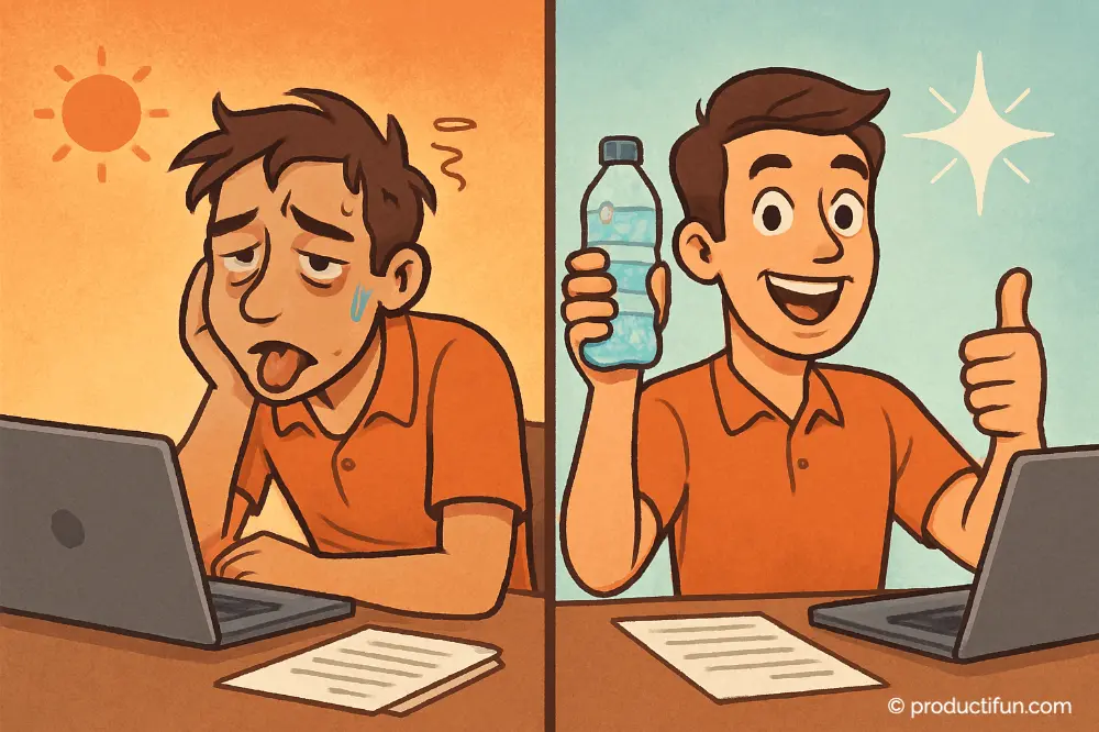 Comparaison avant après hydratation au travail, montrant l’impact de l’eau sur l’énergie et la concentration.