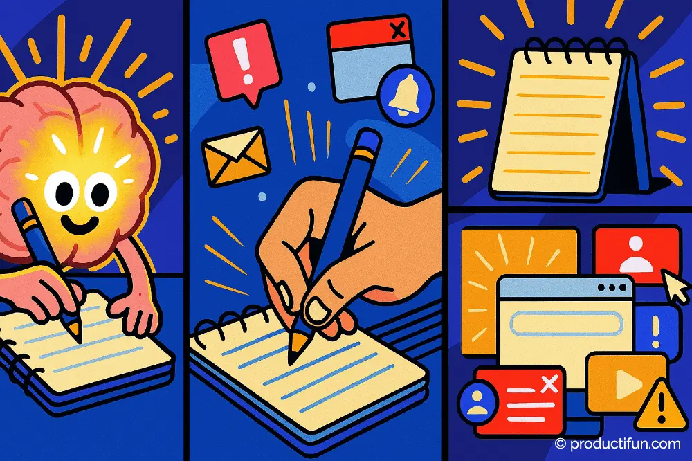 Illustration montrant les bénéfices du bullet journal : cerveau plus concentré, prise de notes manuscrite et réduction des distractions numériques.