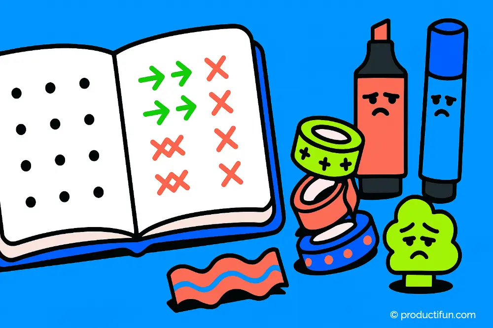 Carnet de bullet journal minimaliste ouvert, accompagné de fournitures décoratives mises de côté pour illustrer la simplicité du système original sans fioritures.