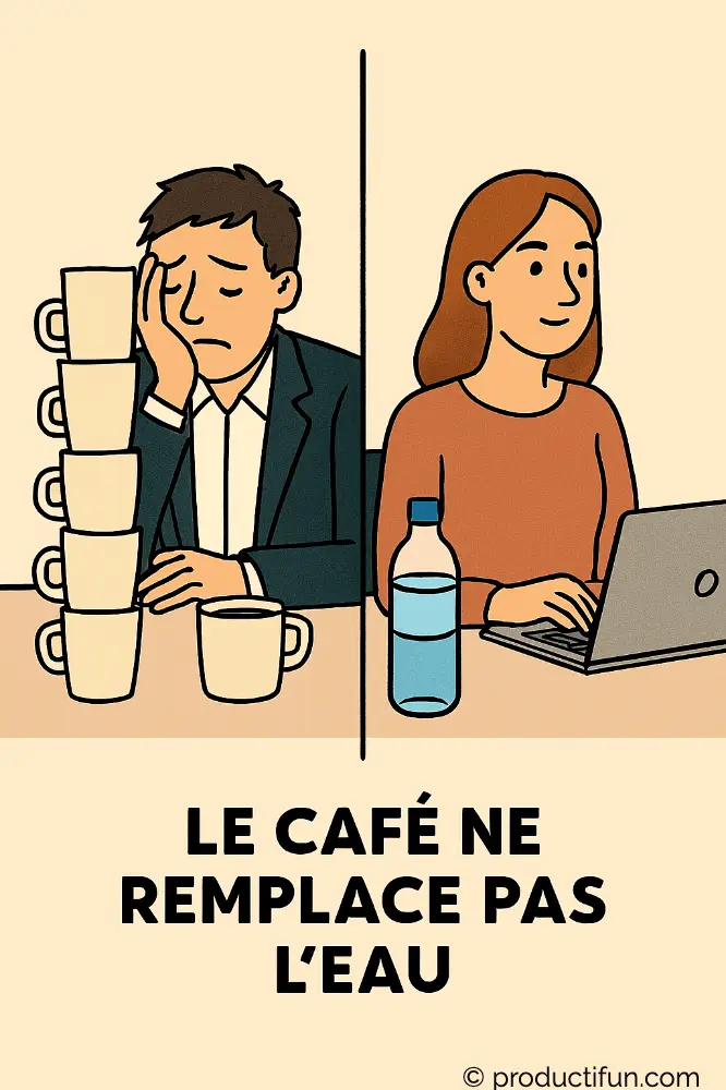 Comparaison entre un salarié fatigué qui ne boit que du café et une collègue en forme hydratée à l’eau.