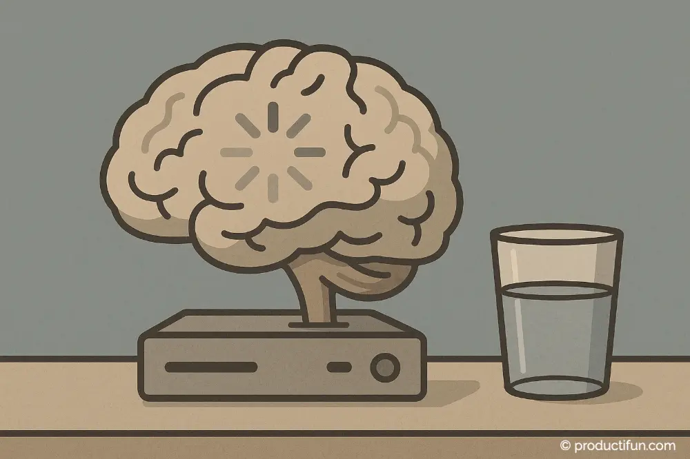 Cerveau au ralenti posé sur un bureau à côté d’un verre d’eau, illustrant le manque d’hydratation au travail