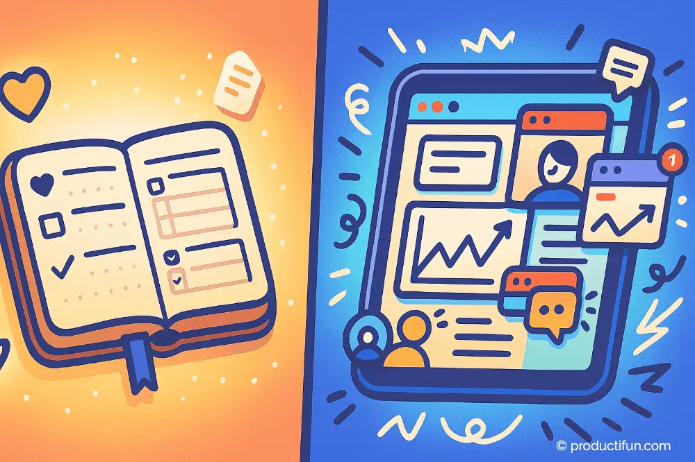 Illustration comparant un bullet journal papier et des outils numériques sur tablette pour montrer leurs différences d’usage.