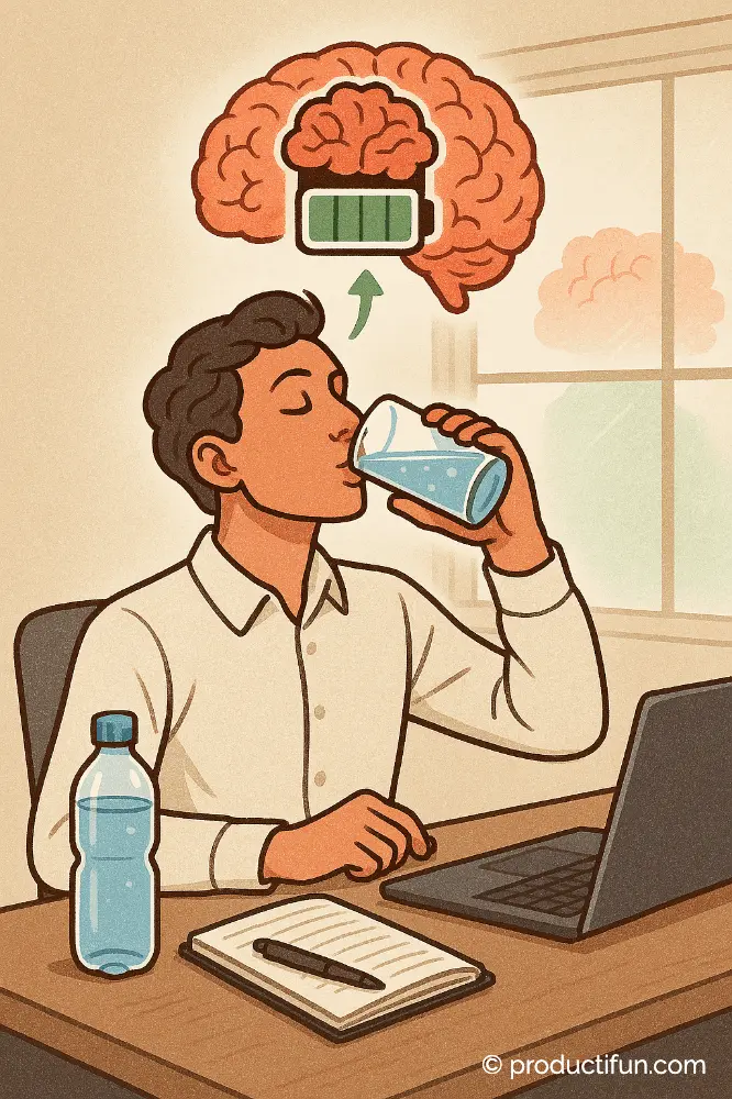 hydratation-au-travail-cerveau-productivite Employé buvant de l’eau au bureau pour améliorer sa concentration et son énergie mentale