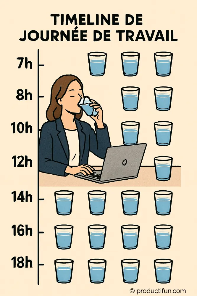 Timeline d’une journée de travail montrant quand boire de l’eau pour rester concentré