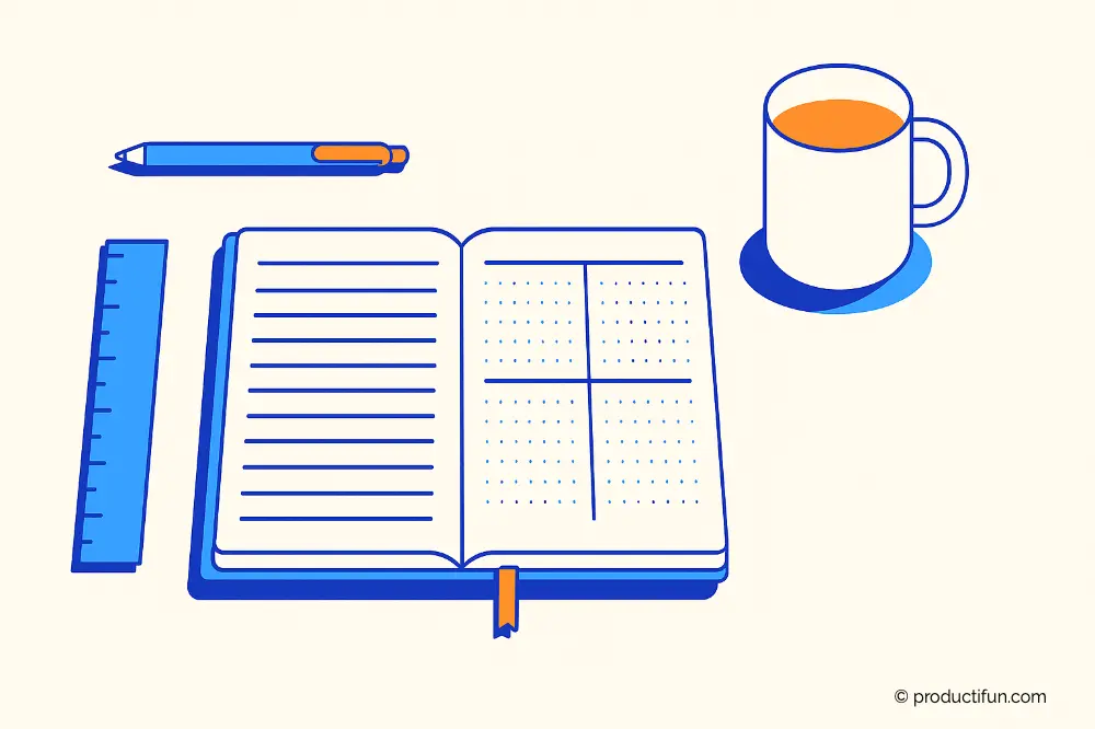 Carnet ouvert montrant une mise en place simple de bullet journal avec index, page mensuelle et page quotidienne, accompagné d’un stylo, d’une règle et d’une tasse.