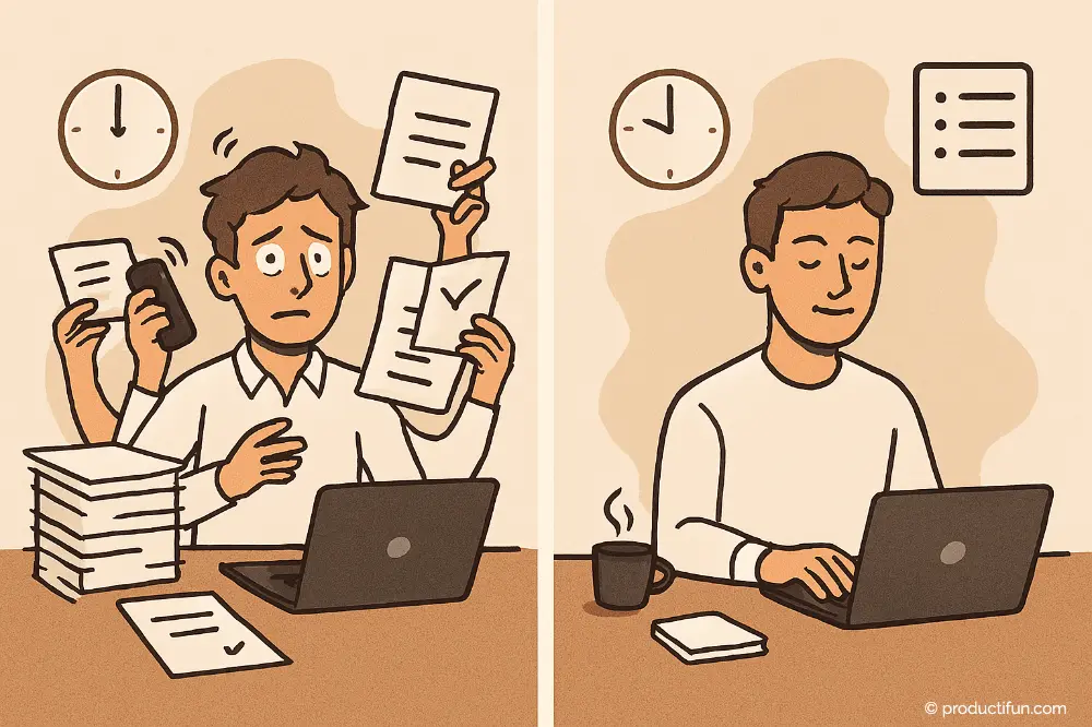 Comparaison avant après du batching intelligent entre surcharge mentale et travail concentré