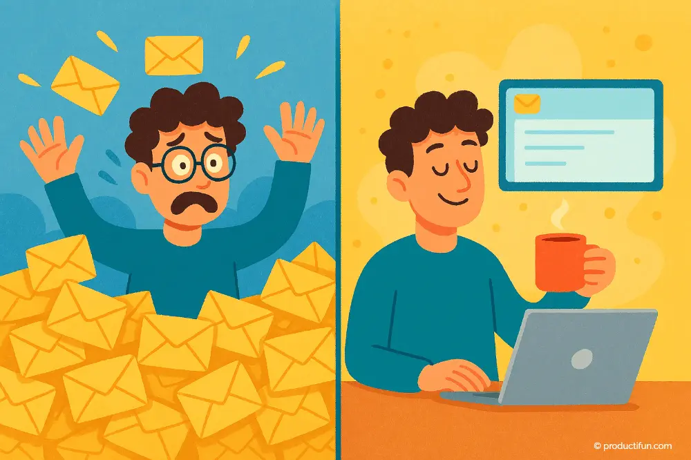 Comparaison avant/après : personne submergée par les emails puis travaillant sereinement avec une boîte mail maîtrisée