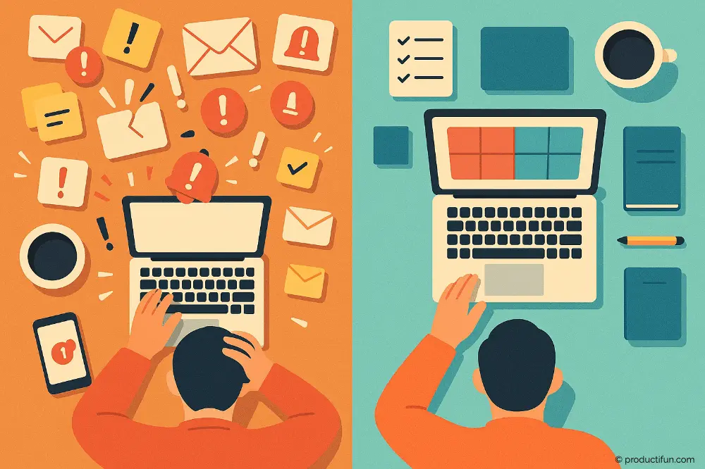 batching-intelligent-multitache-vs-focus Illustration comparant le multitâche désorganisé et le batching intelligent pour être plus productif au travail