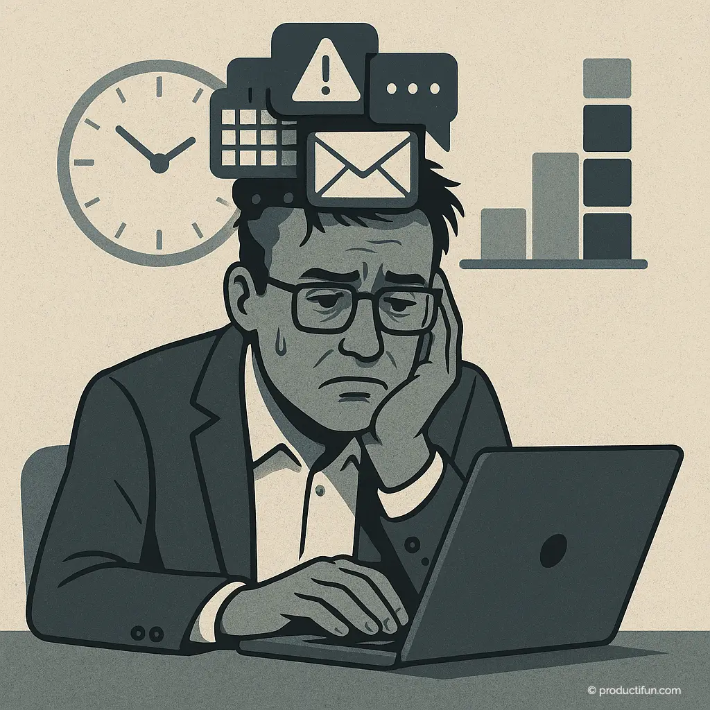 Employé fatigué devant son ordinateur avec des notifications symbolisant un cerveau surchargé.