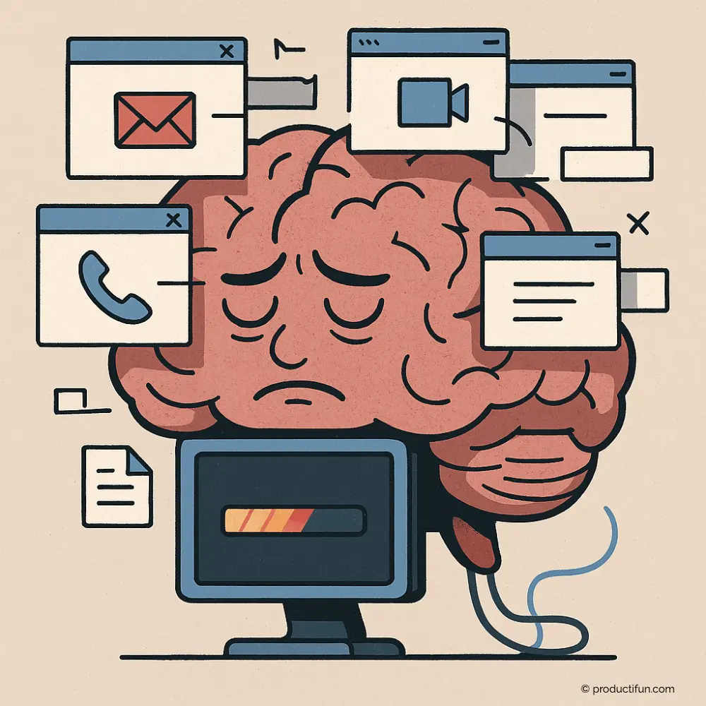 Illustration d’un cerveau surchargé par le multitâche avec e-mails, appels et notifications simultanées