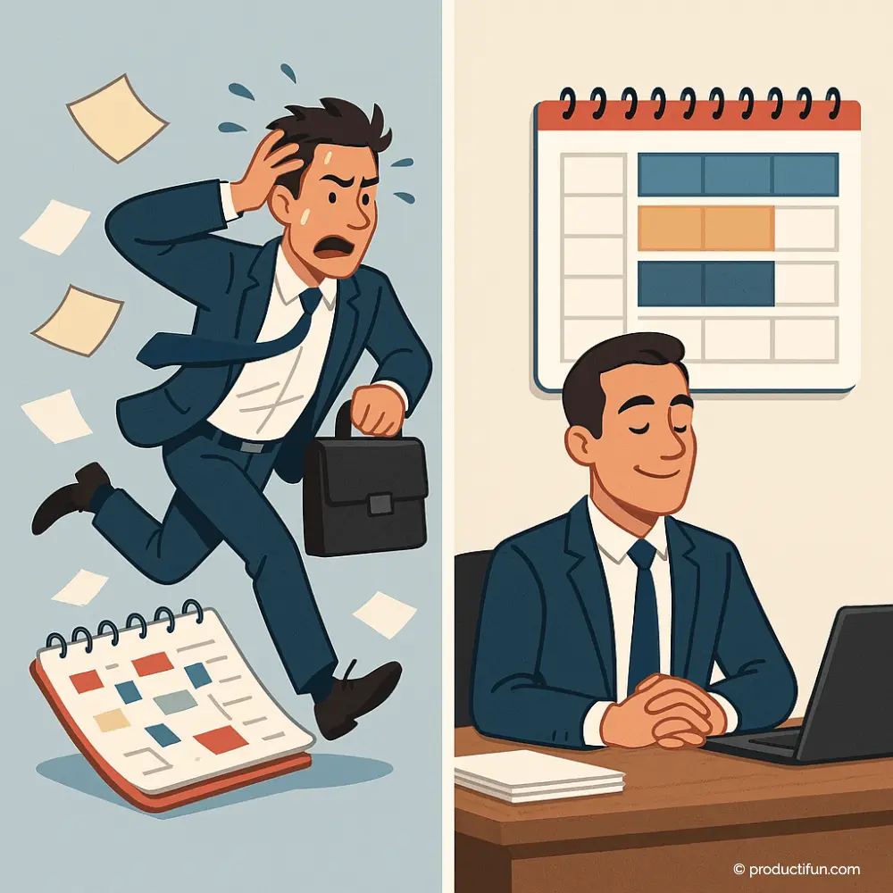Comparaison entre une journée de travail chaotique et une journée organisée en batching
