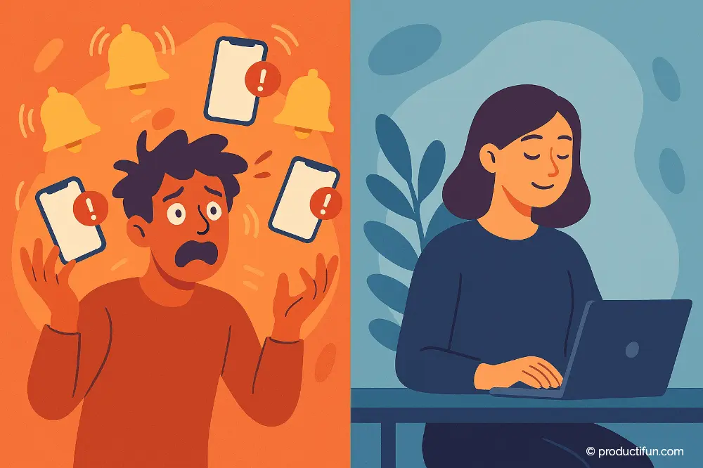 Comparaison entre une personne stressée par les notifications incessantes et une personne travaillant sereinement
