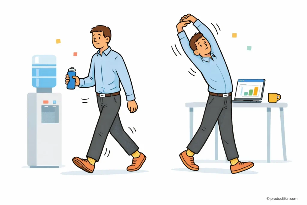 Employé qui marche pour remplir sa gourde et s’étire près de son bureau pendant une pause active.