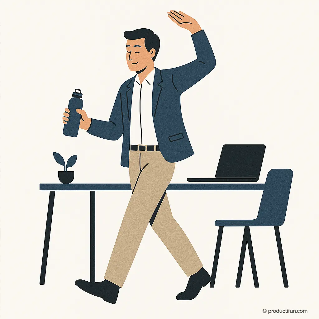 Employé qui se lève de son bureau avec une gourde, symbole d’une pause active bénéfique au travail.