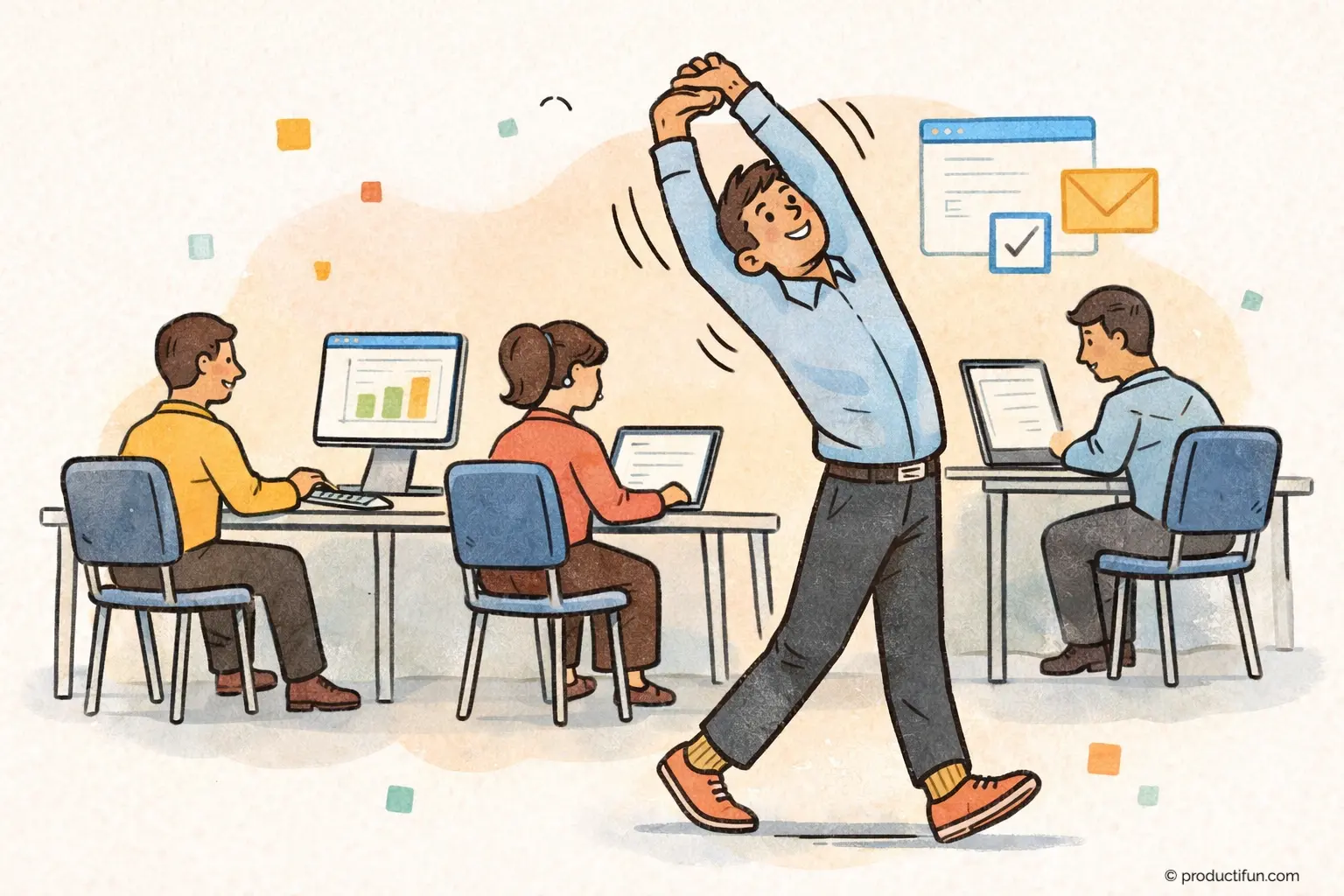 pause-active-travail-etirement-bureau Employé de bureau qui s’étire pendant une pause active au travail, tandis que ses collègues restent assis à leur poste.