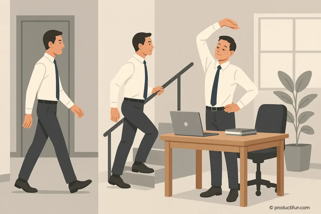 Employé quittant son bureau pour marcher et s’étirer pendant une pause active au travail.