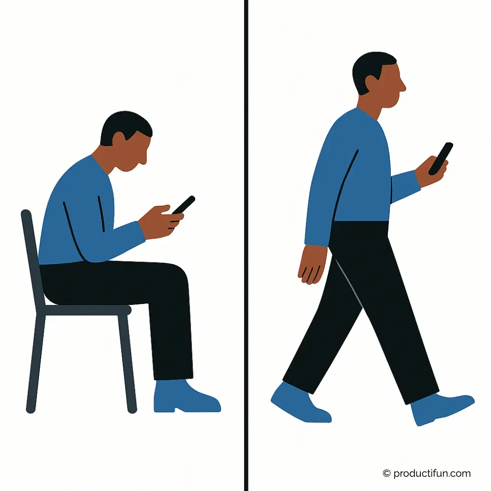 Personne assise regardant son smartphone pendant une pause, comparée à une personne marchant pour faire une vraie coupure.