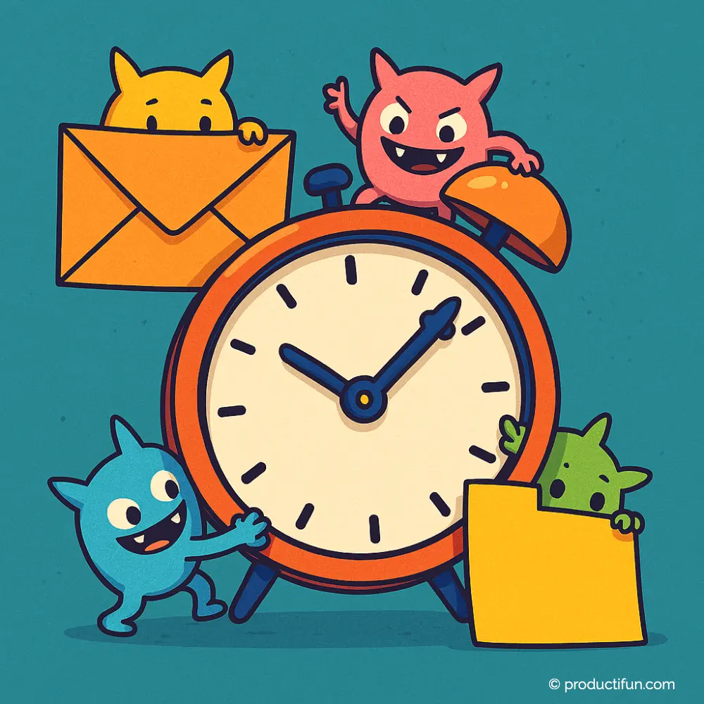 Horloge entourée de petites tâches représentées par des personnages colorés s'accaparant le temps