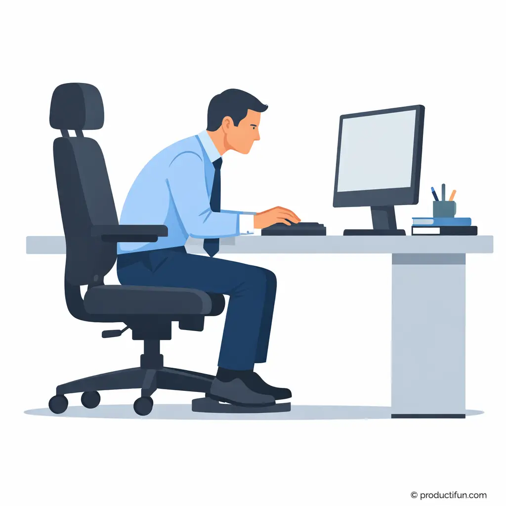 Employé de bureau assis longtemps devant un écran, posture rigide et peu dynamique.