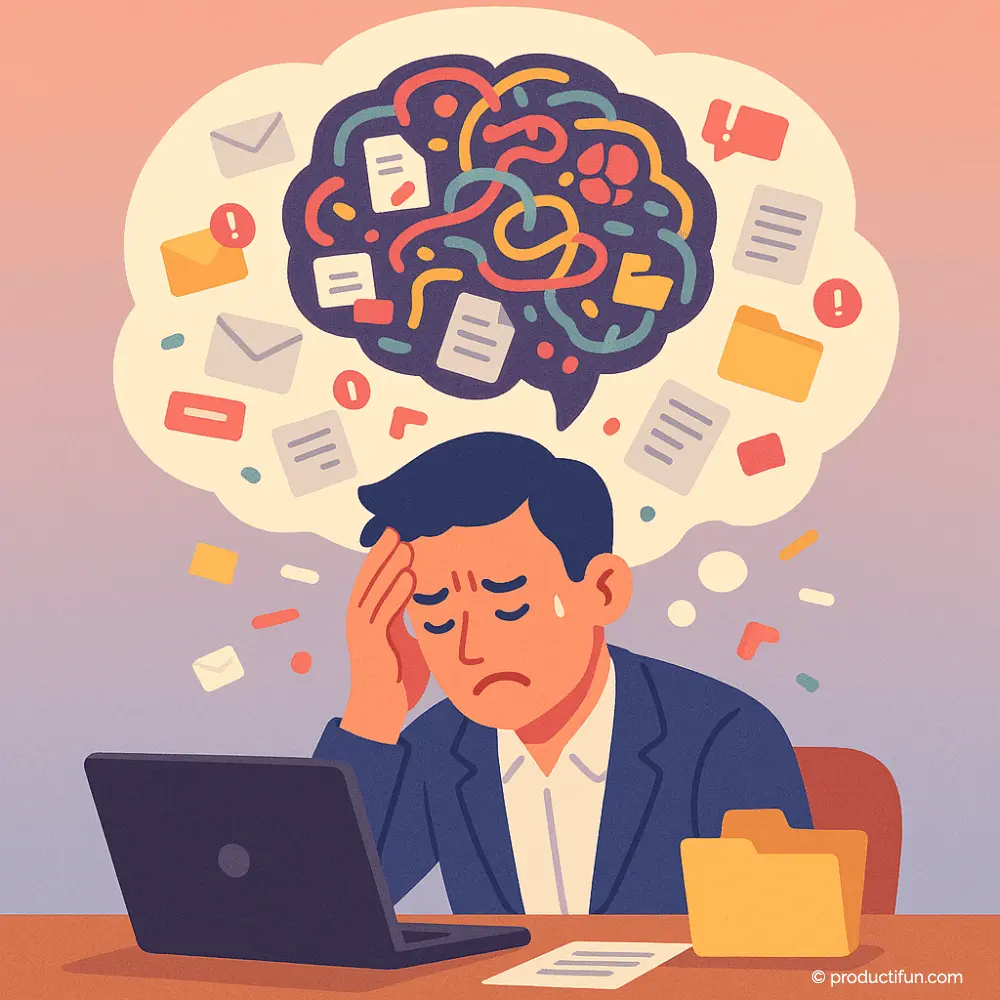 Professionnel submergé par l'accumulation de tâches, emails et notifications non traités
