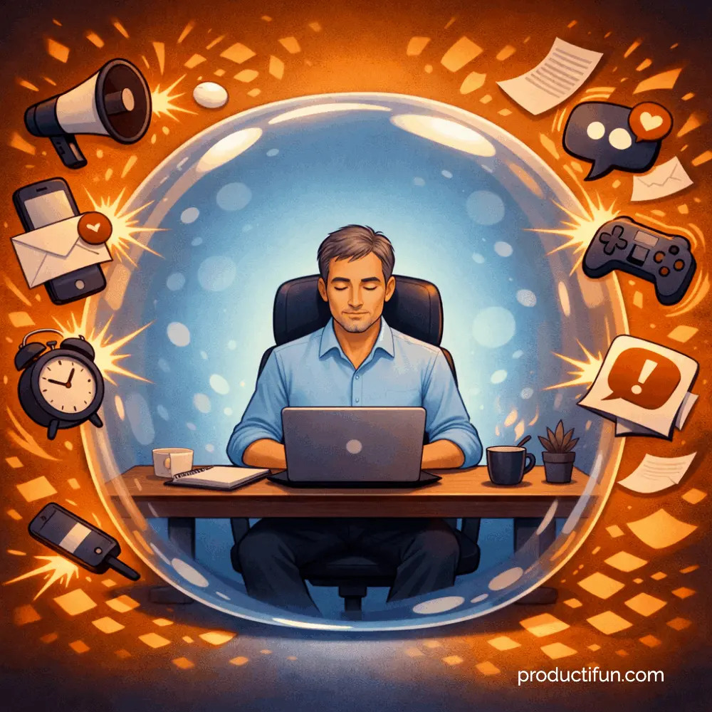 Illustration d'un professionnel serein travaillant dans une bulle de concentration qui repousse les distractions : notifications, emails, téléphone et réseaux sociaux