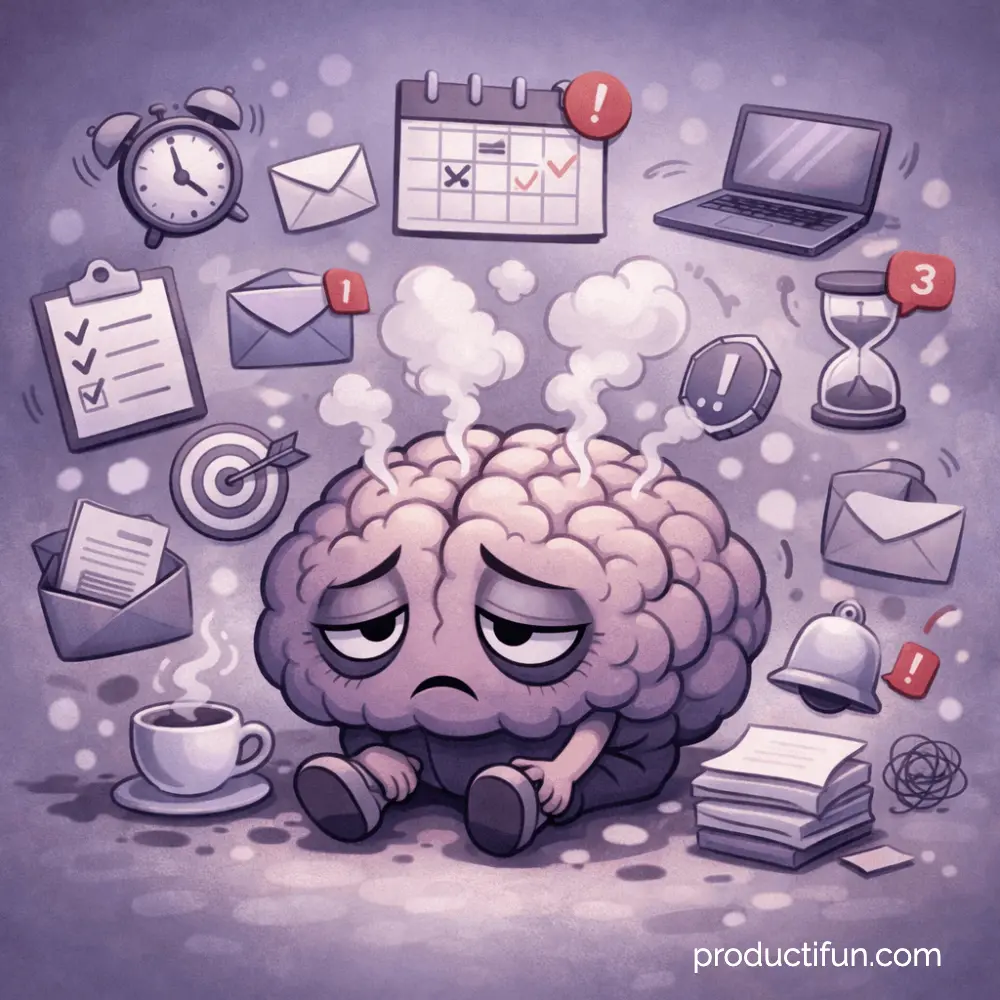 Illustration d'un cerveau épuisé par le multitâche, assis avec de la fumée qui s'échappe, entouré de notifications, emails et tâches en attente