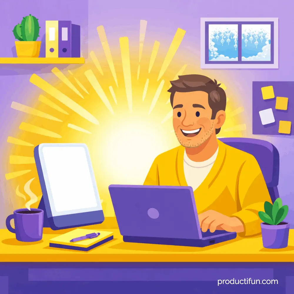 Professionnel en télétravail utilisant une lampe de luminothérapie pour compenser le manque de lumière naturelle