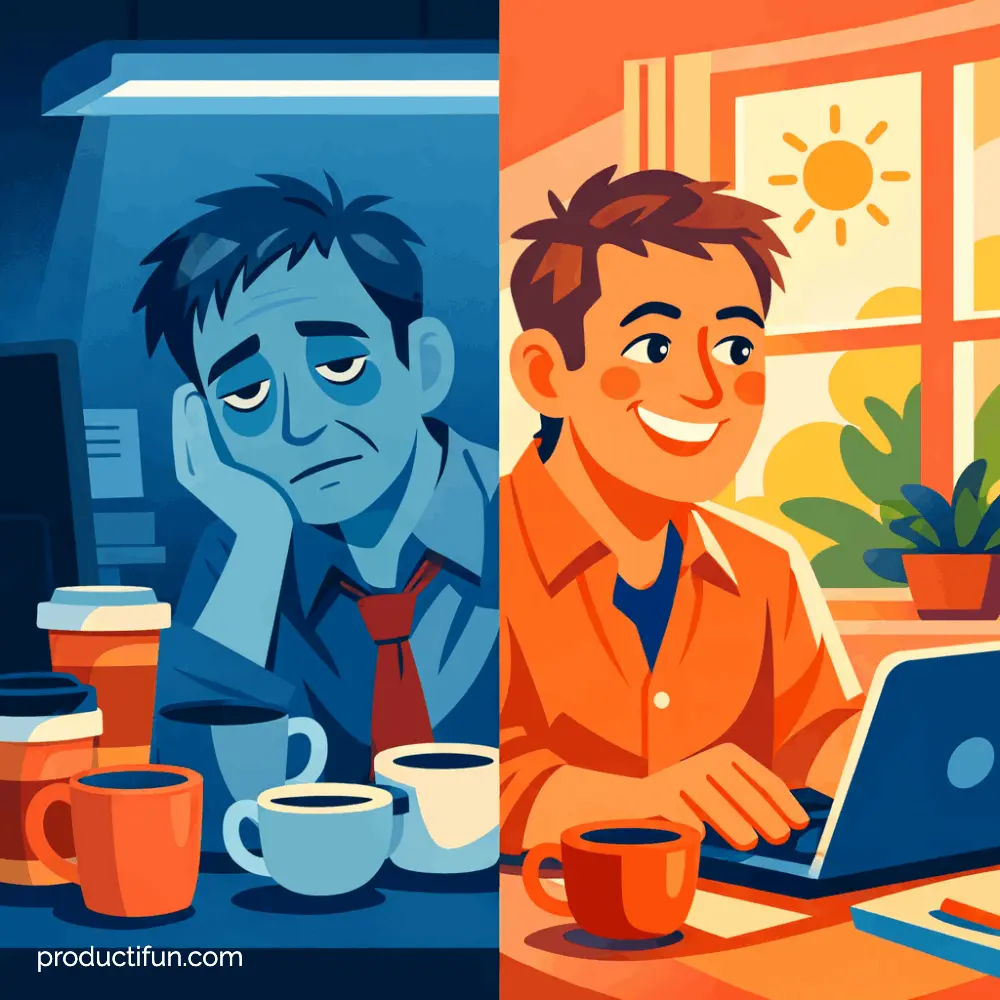 Comparaison entre un bureau sous néon artificiel épuisant et un bureau baigné de lumière naturelle dynamisante