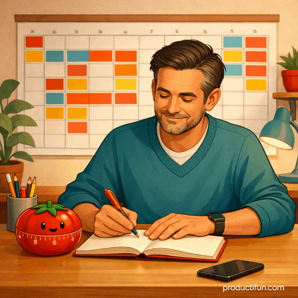 Illustration d'un professionnel souriant utilisant la méthode Pomodoro avec un timer tomate et un calendrier de time blocking en arrière-plan