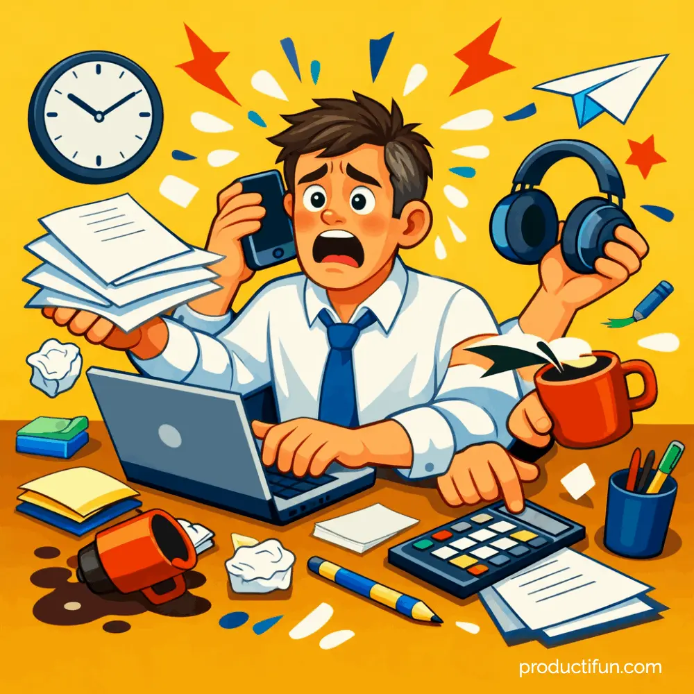 multitache-travail-stress-bureau-productivite Illustration humoristique du multitâche au travail : un employé de bureau stressé jongle avec téléphone, documents, laptop, casque et café renversé