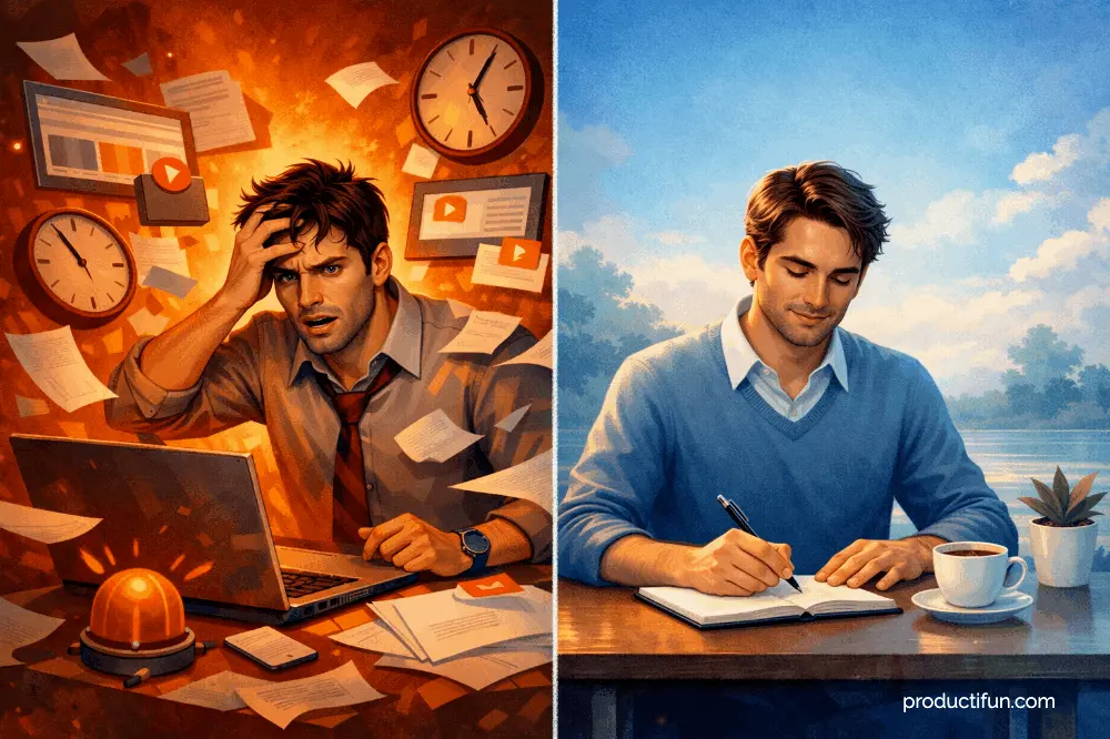 Comparaison avant-après : à gauche un professionnel stressé en mode multitâche entouré de chaos, à droite le même homme serein et concentré sur une seule tâche