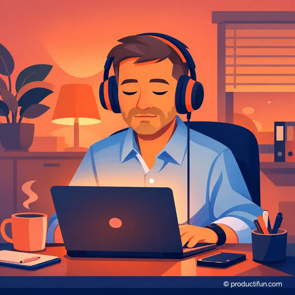 musique-concentration-travail-casque Salarié qui écoute de la musique avec un casque audio pour se concentrer au travail