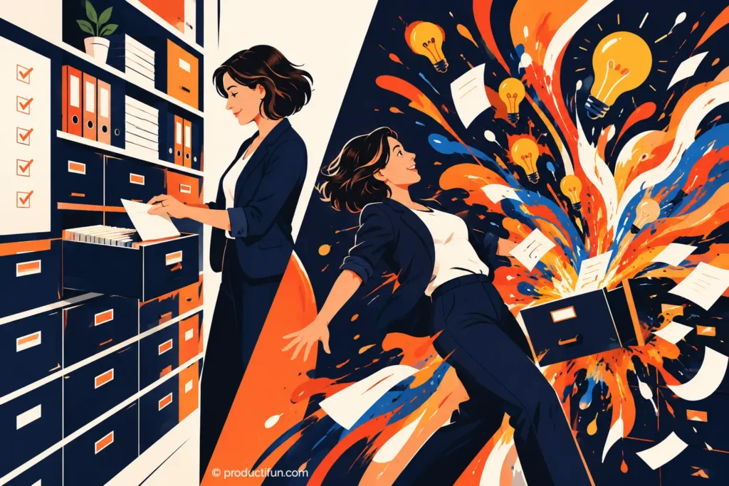 Femme classant des dossiers d'un côté, la même femme emportée par une explosion créative d'idées de l'autre, symbole de l'organisation et de la créativité au travail