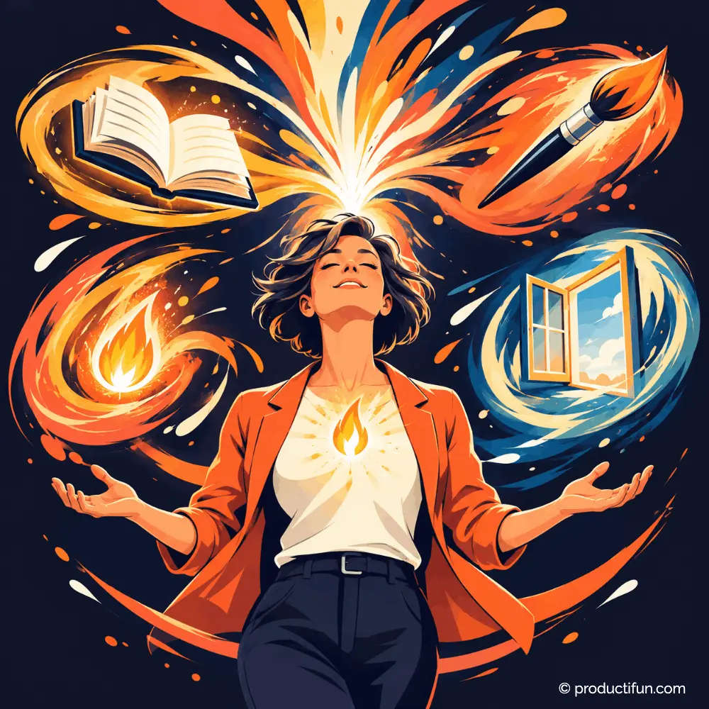 Femme entourée de quatre symboles, livre, pinceau, flamme et fenêtre ouverte, représentant les ingrédients de la créativité au travail