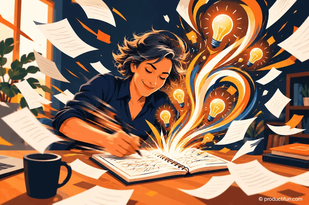 Femme écrivant vite dans un carnet d'où jaillissent des ampoules lumineuses : le brain dump libère la créativité au travail