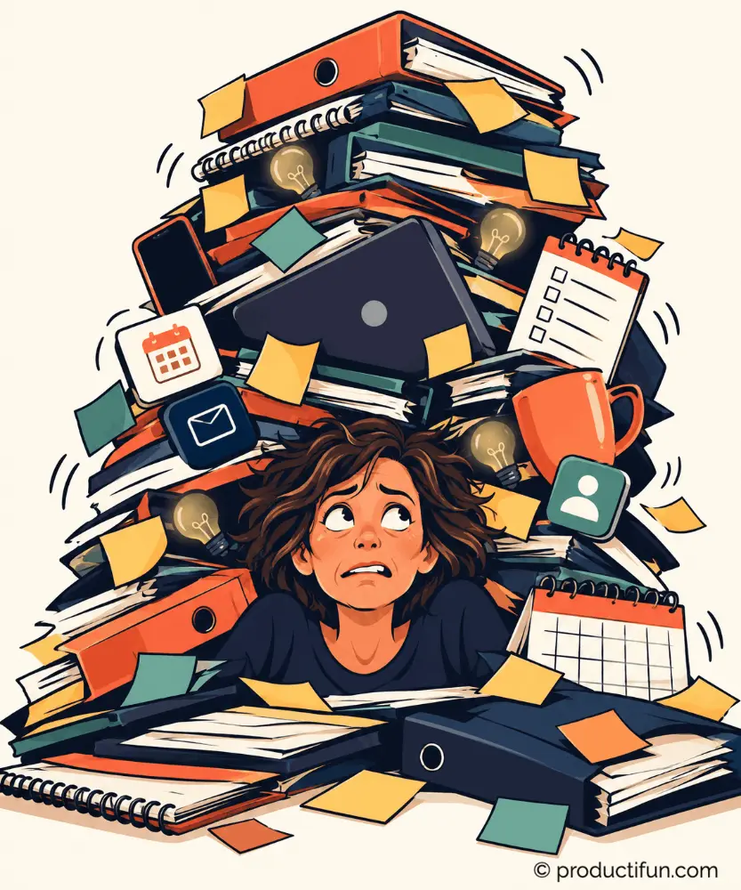 Femme débordée ensevelie sous une pile de classeurs, post-it et applis, illustrant la surorganisation qui étouffe la créativité au travail.